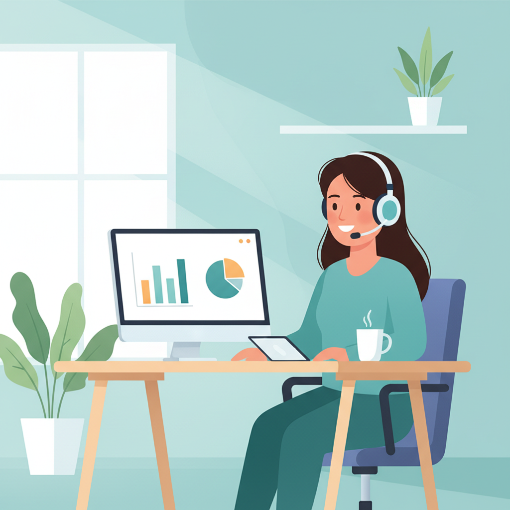 Customer support representative at a modern office desk with headset, ready to assist