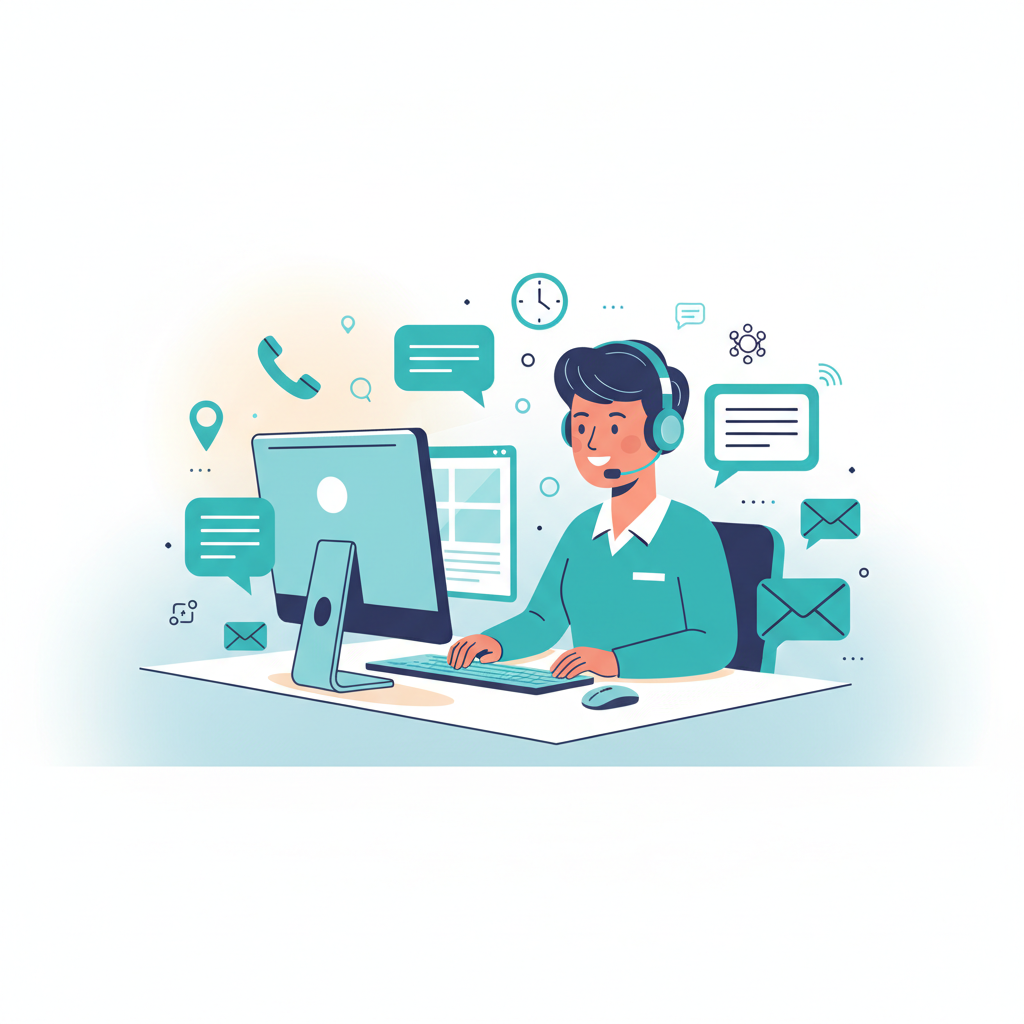 Friendly customer support representative at a desk with headset, ready to assist with inquiries